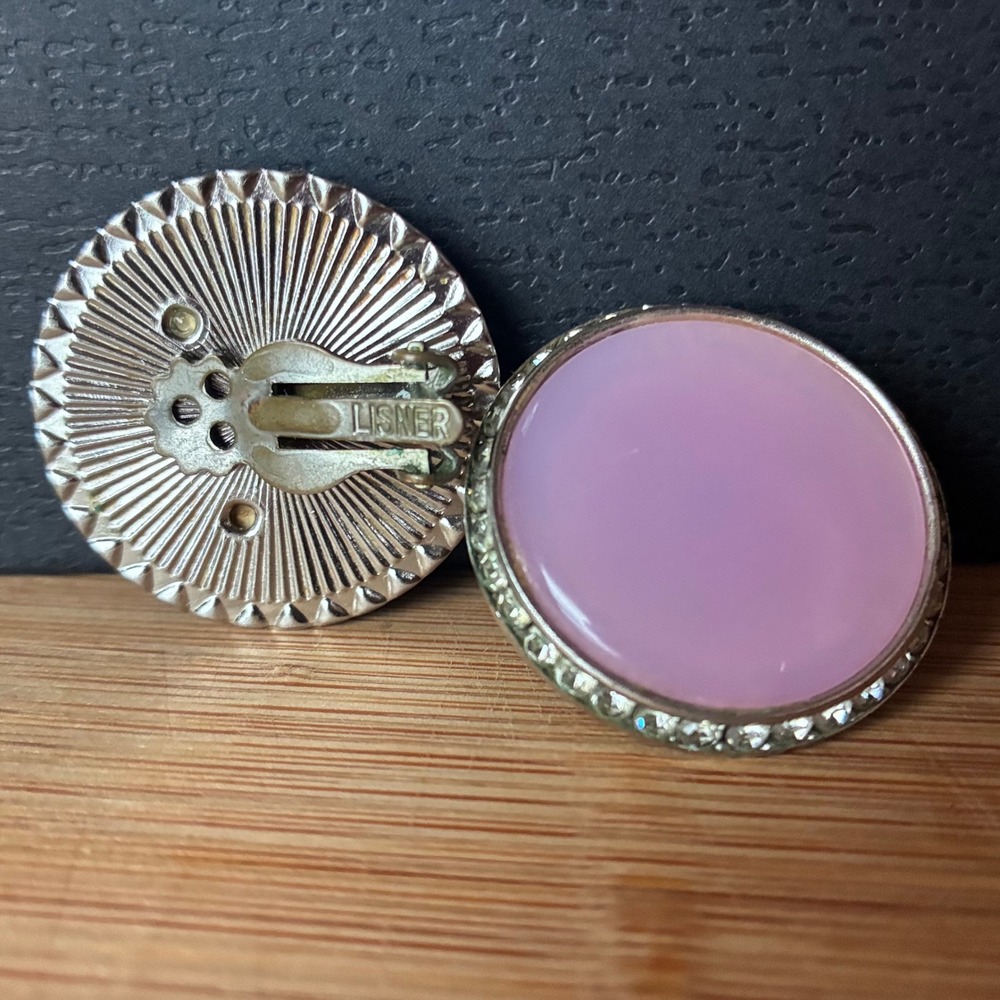 Vintage Signed Lisner Lavender Moonglow Lucite Rhinestone Halo Clip On Earrings
